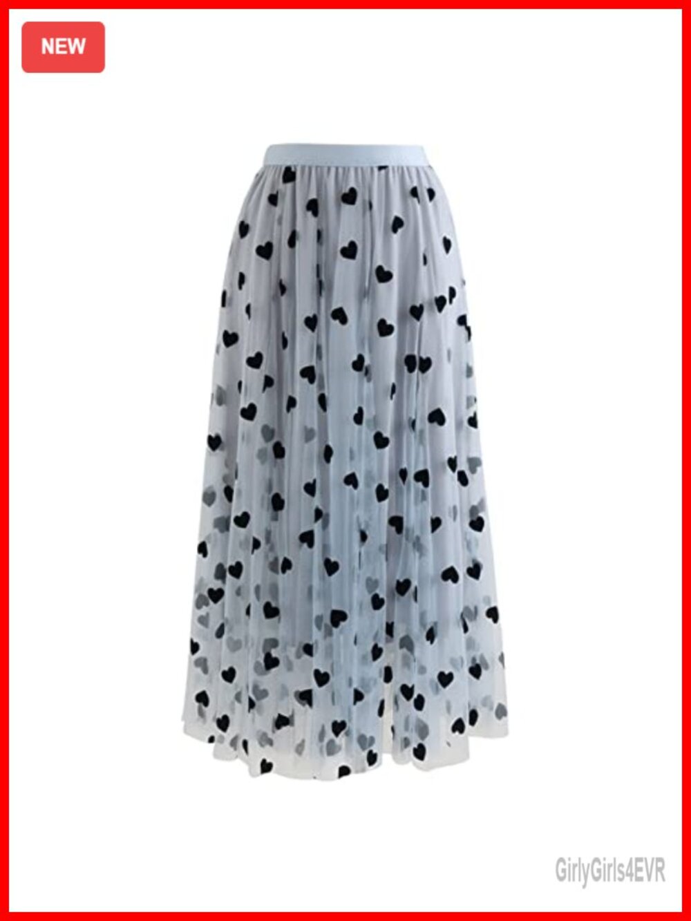 3D Heart Double-Layered Mesh Tulle Midi Skirt Elastic Waist